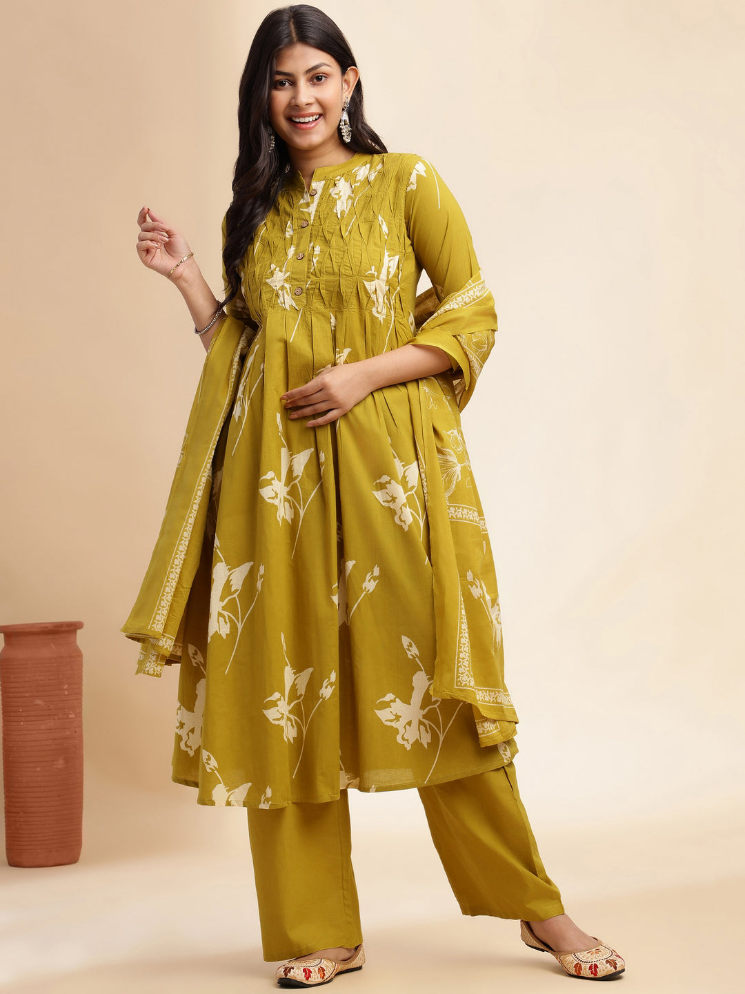 Mehendi Green Floral Print A-line Cotton Stitched Kurta Set