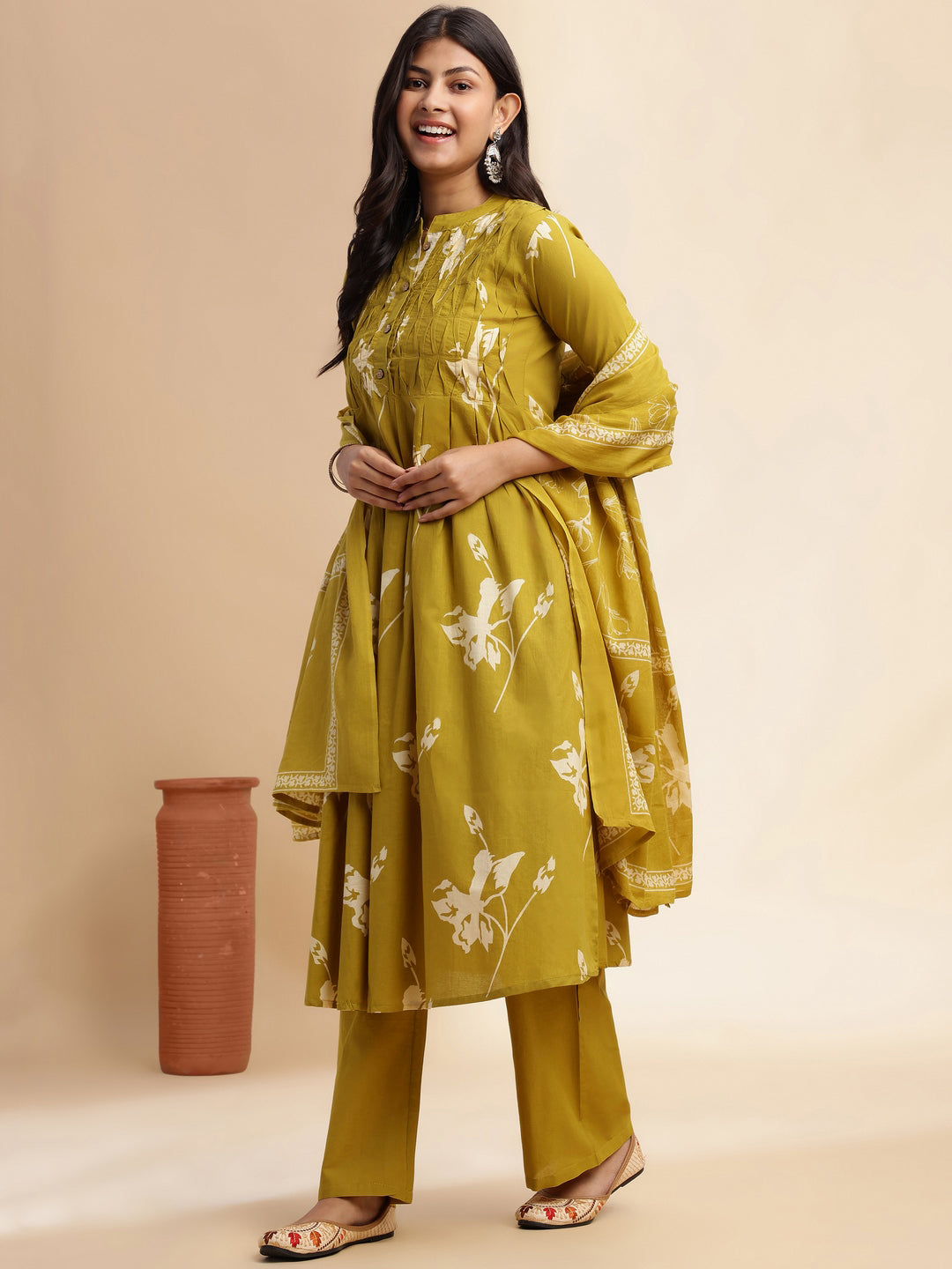 Mehendi Green Floral Print A-line Cotton Stitched Kurta Set