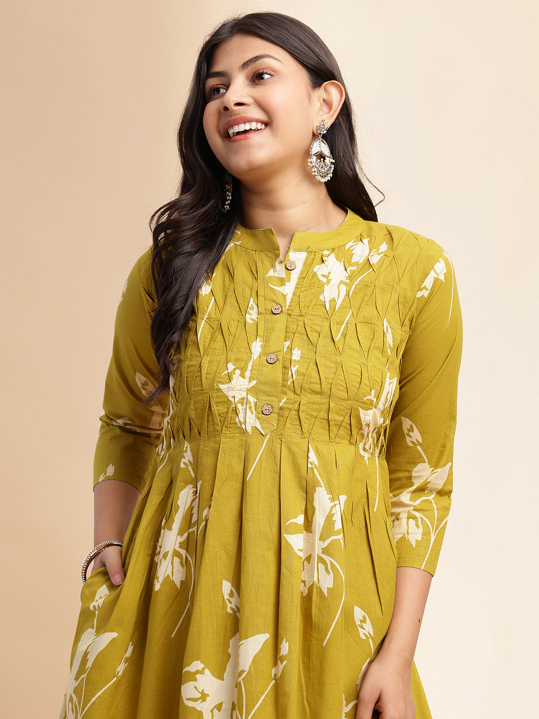 Mehendi Green Floral Print A-line Cotton Stitched Kurta Set