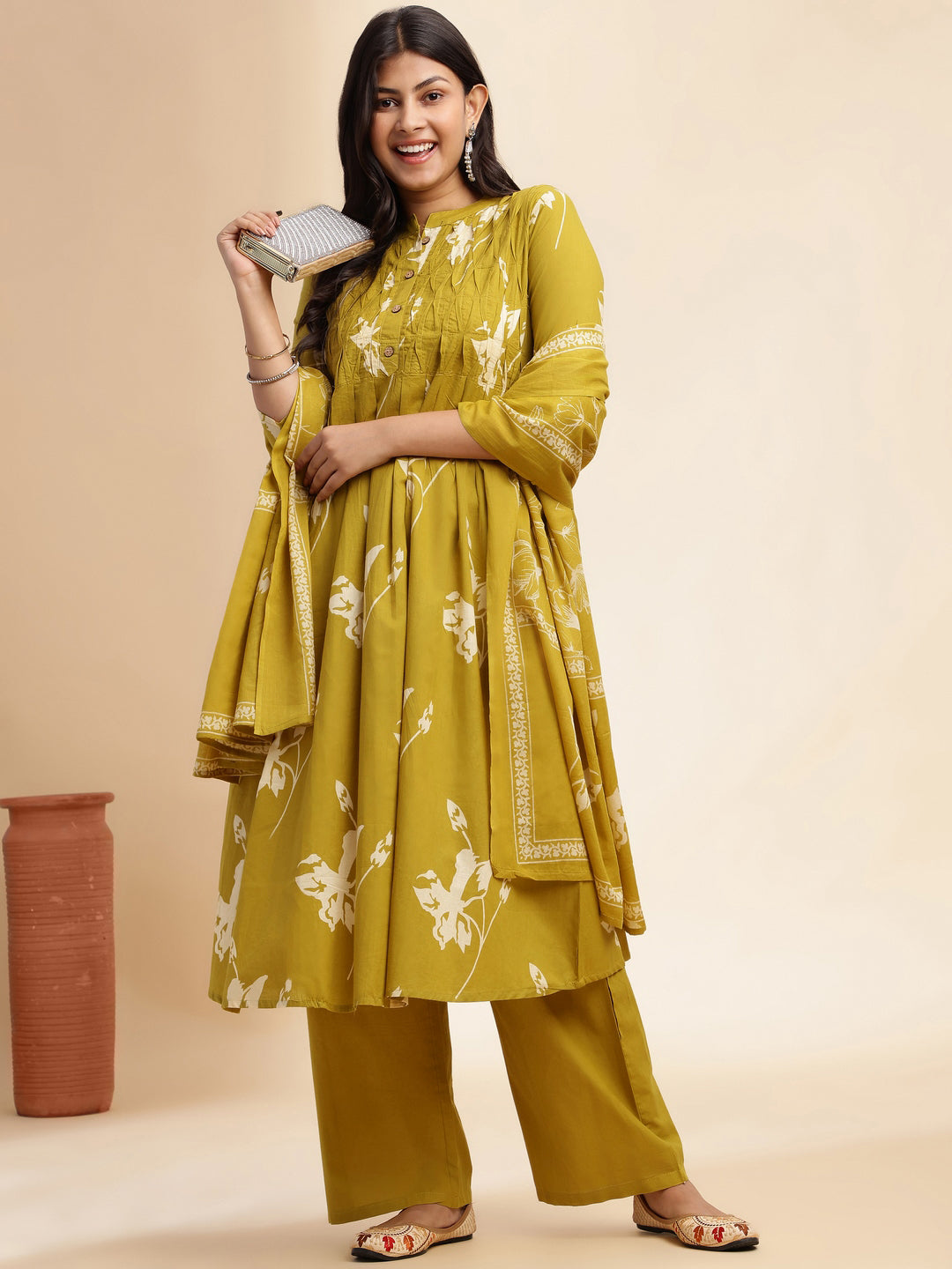 Mehendi Green Floral Print A-line Cotton Stitched Kurta Set