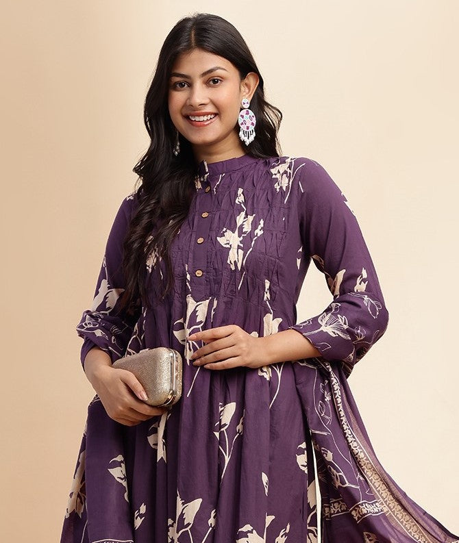 Wine Floral Print A-line Cotton Stitched Kurta Set
