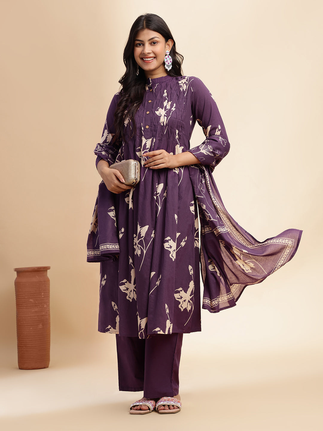 Wine Floral Print A-line Cotton Stitched Kurta Set