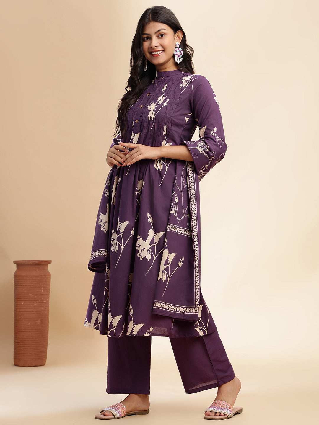Wine Floral Print A-line Cotton Stitched Kurta Set