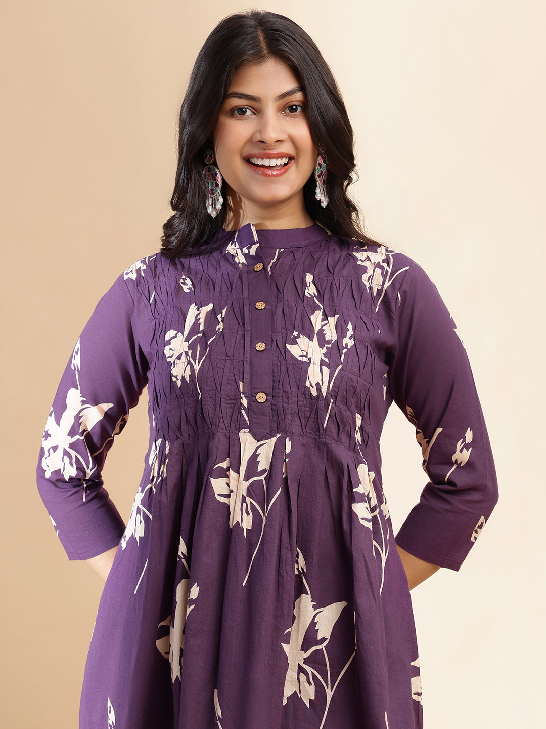 Wine Floral Print A-line Cotton Stitched Kurta Set
