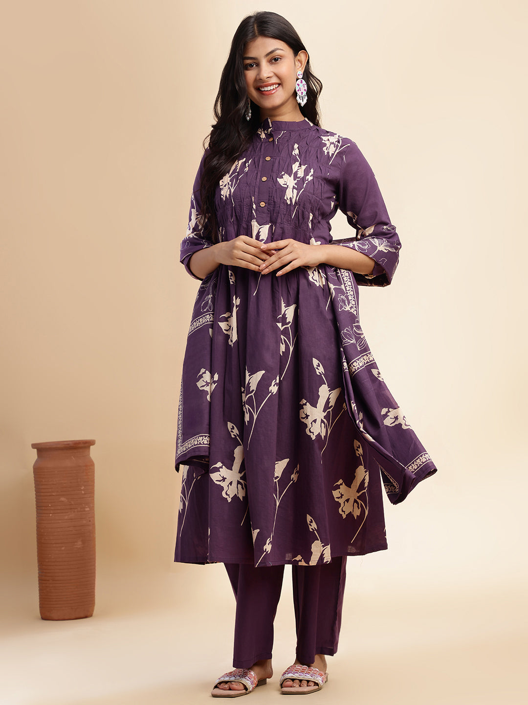 Wine Floral Print A-line Cotton Stitched Kurta Set