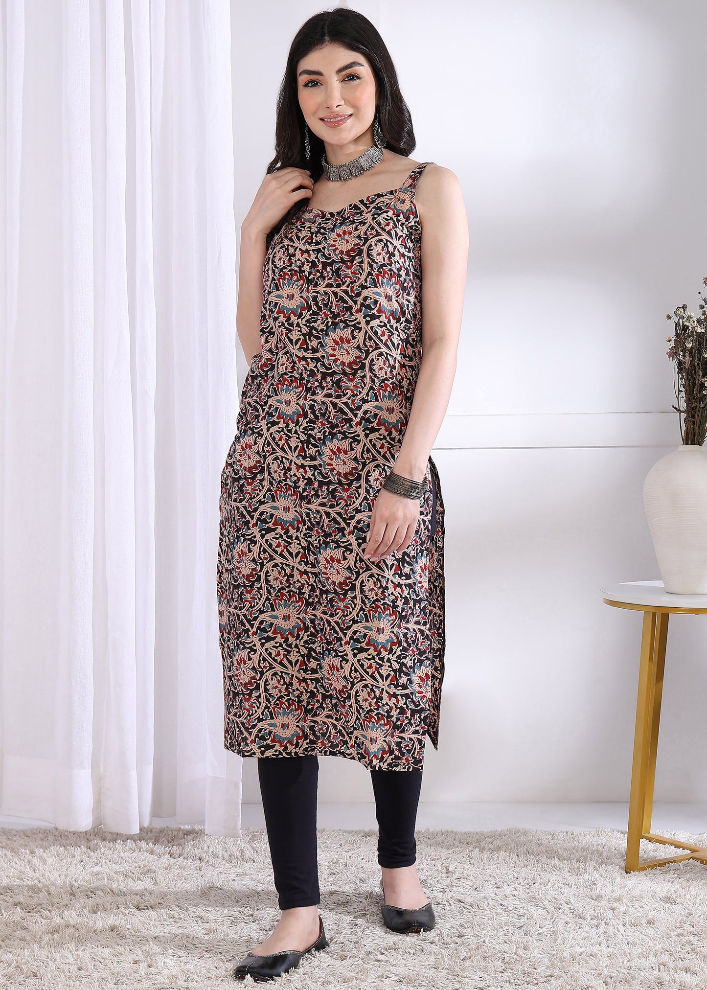 Black Floral Print Straight Cotton Kurta