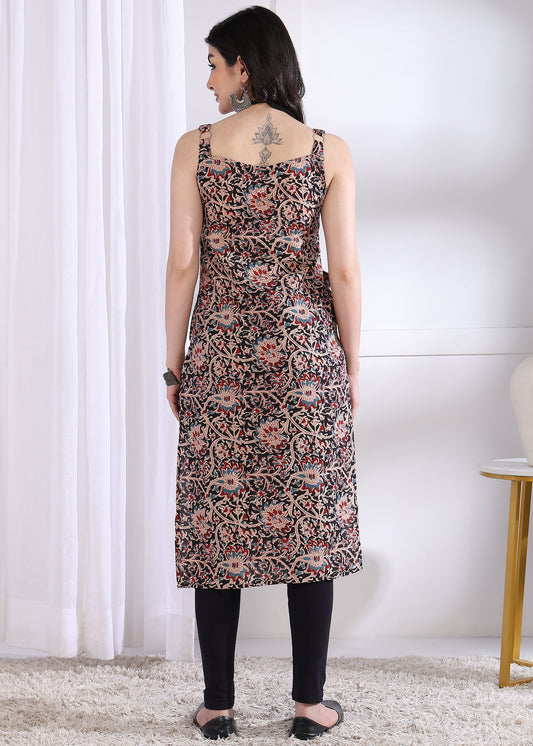 Black Floral Print Straight Cotton Kurta