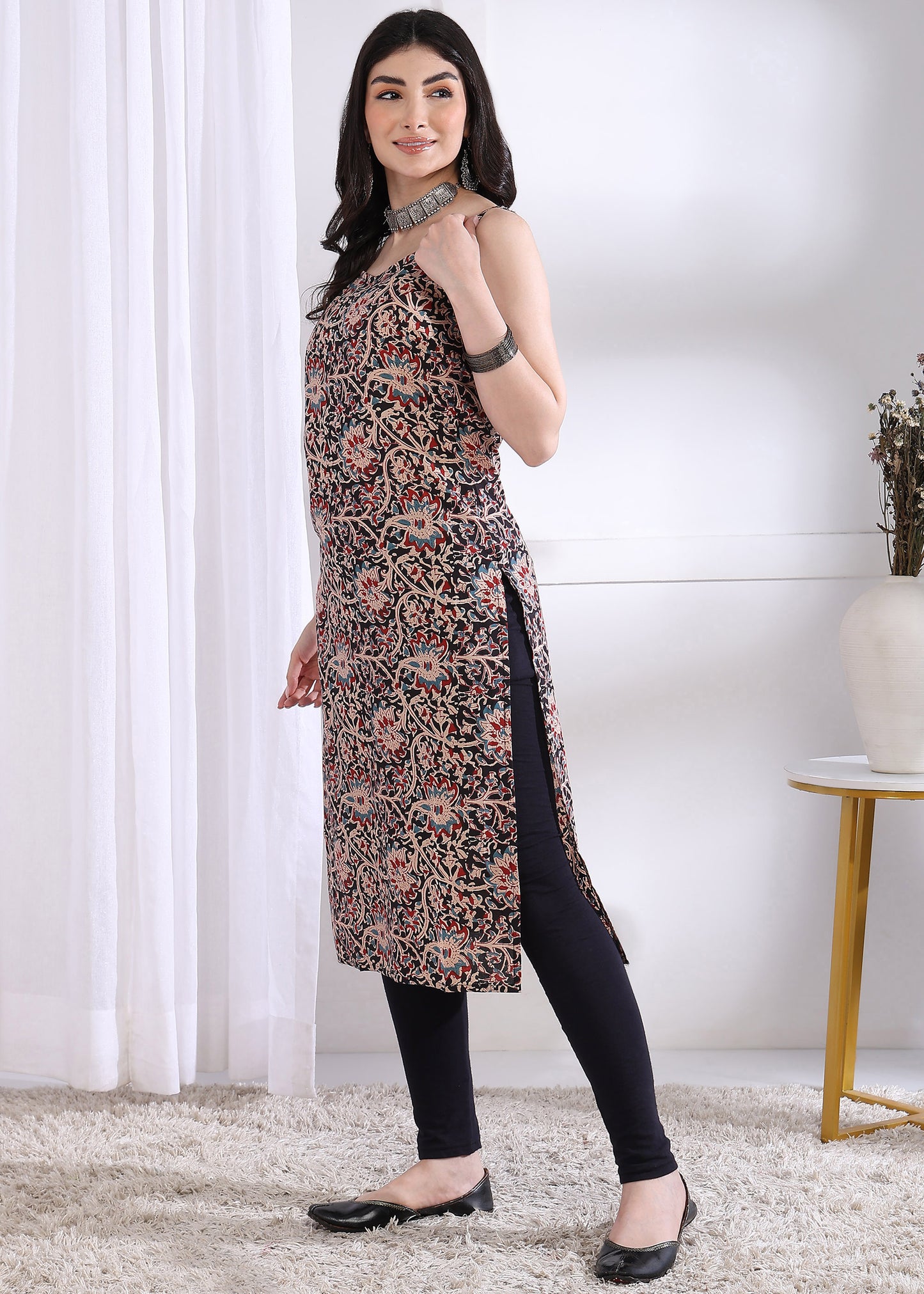 Black Floral Print Straight Cotton Kurta