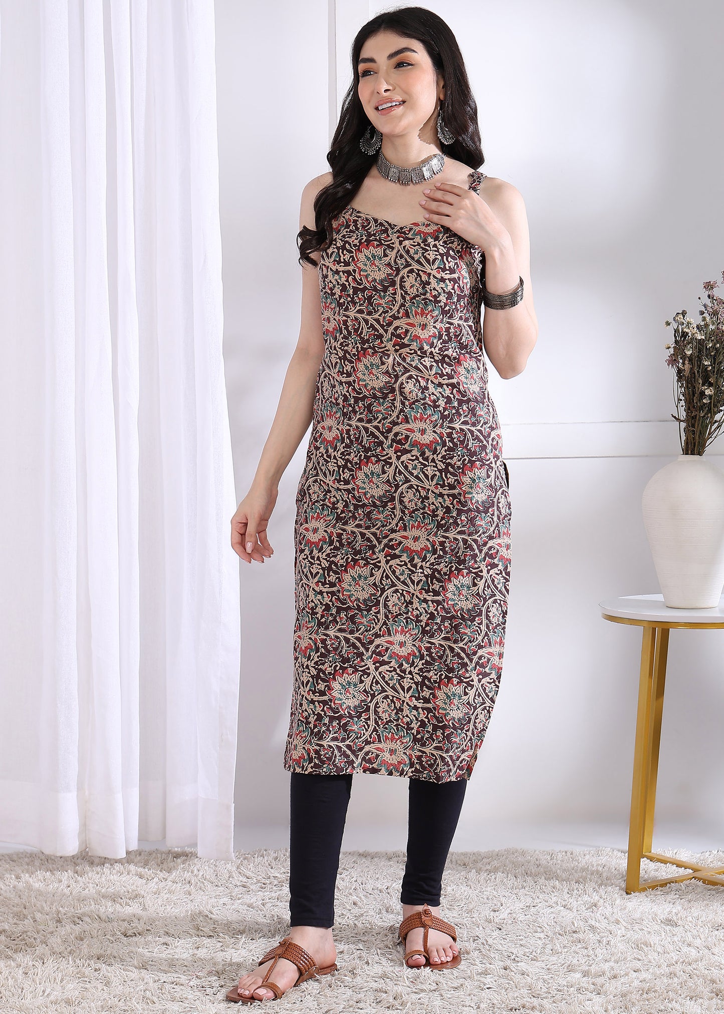 Brown Floral Print Straight Cotton Kurta