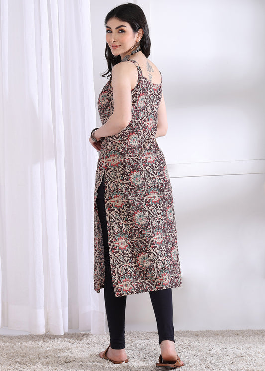 Brown Floral Print Straight Cotton Kurta