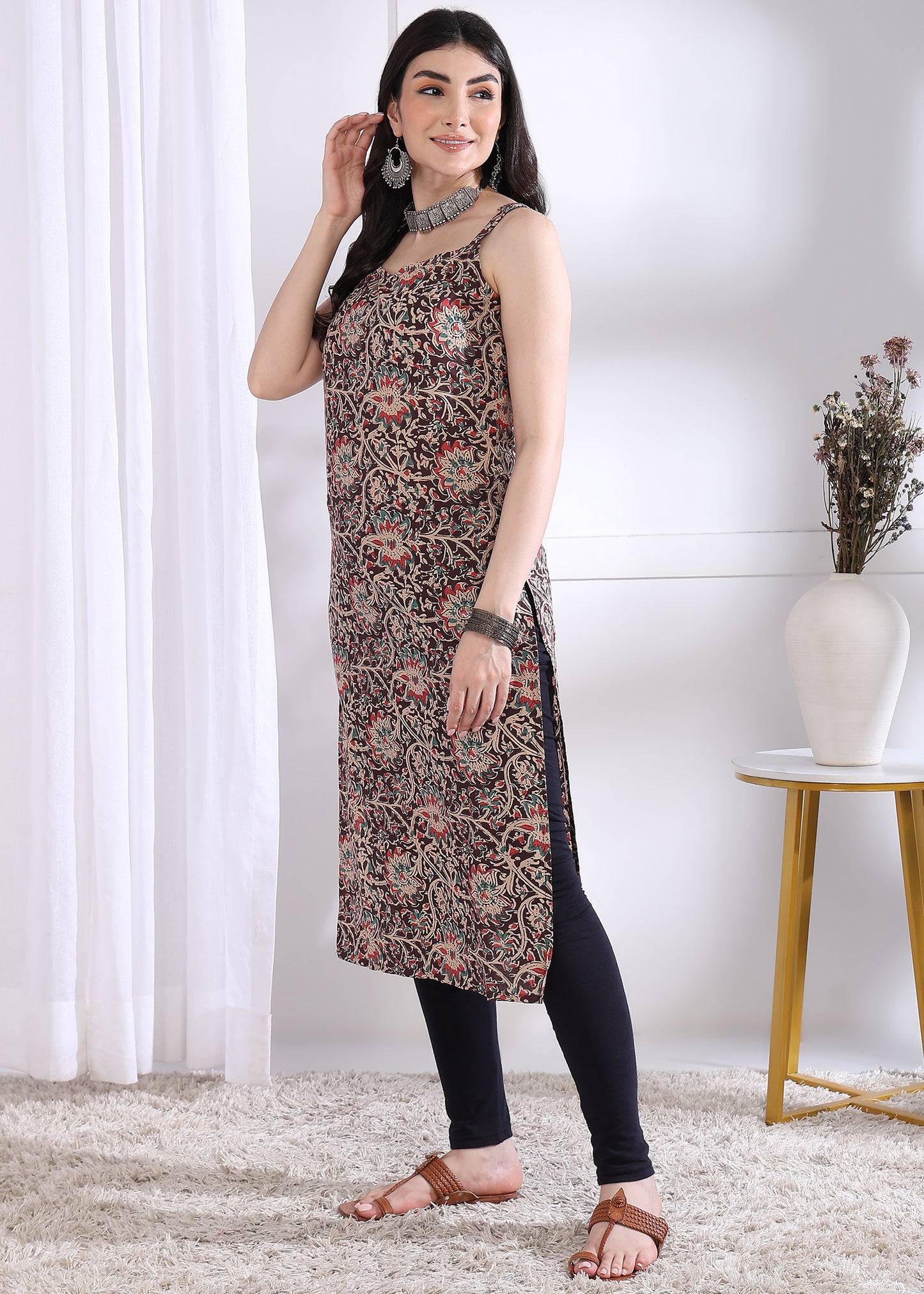 Brown Floral Print Straight Cotton Kurta