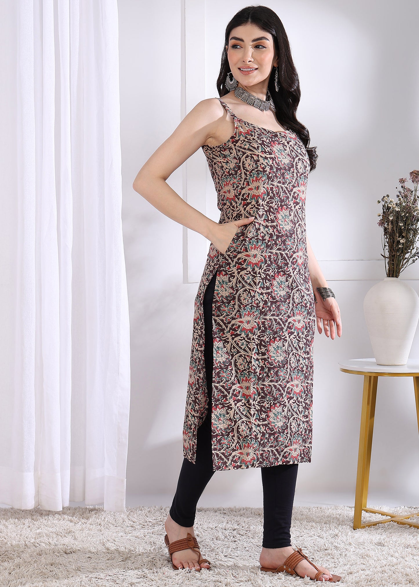 Brown Floral Print Straight Cotton Kurta