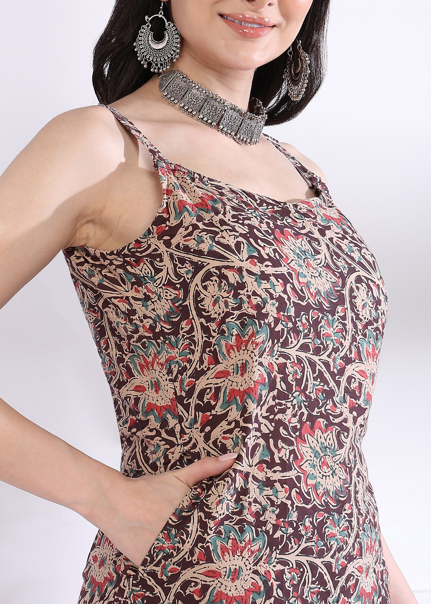 Brown Floral Print Straight Cotton Kurta