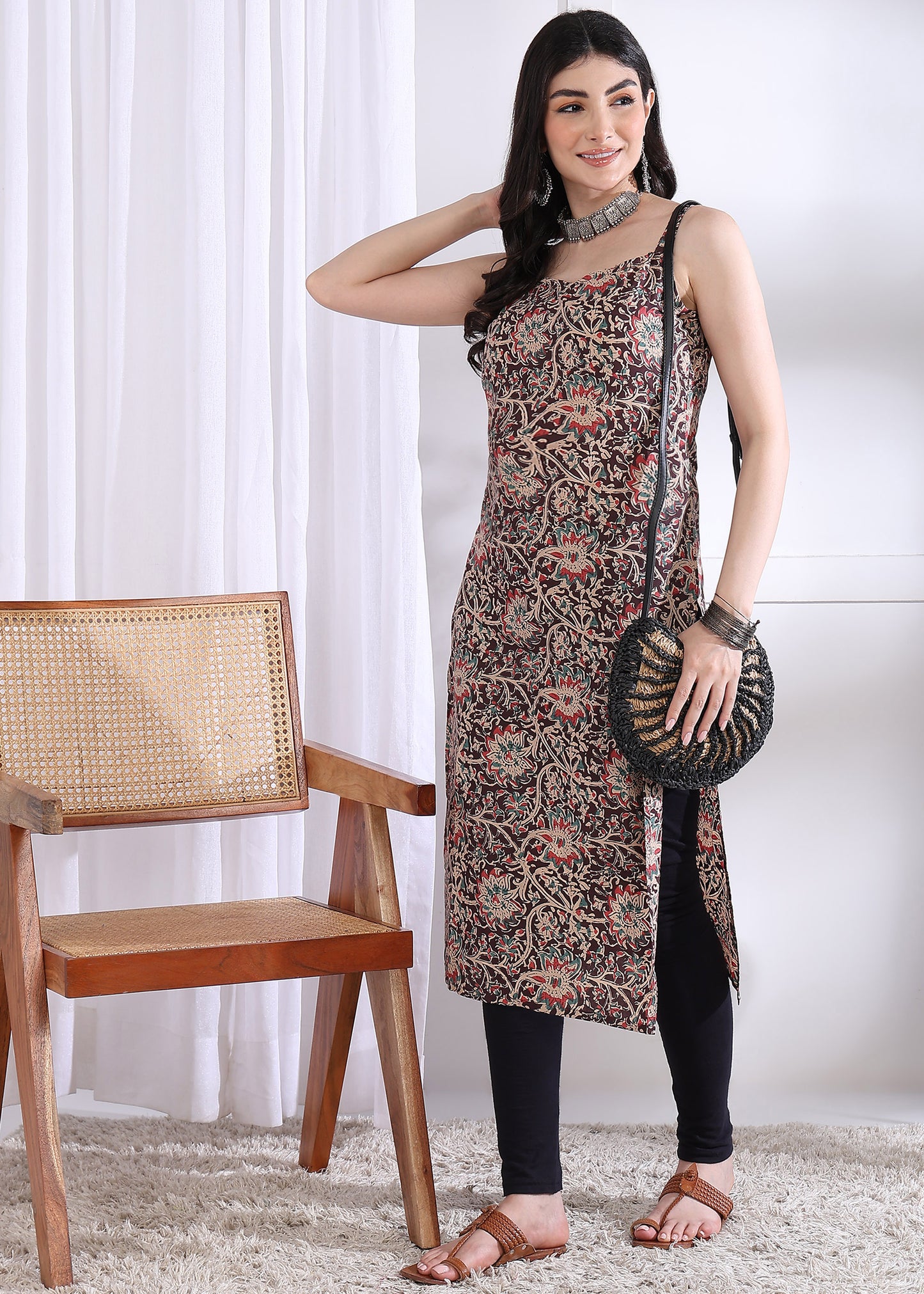 Brown Floral Print Straight Cotton Kurta