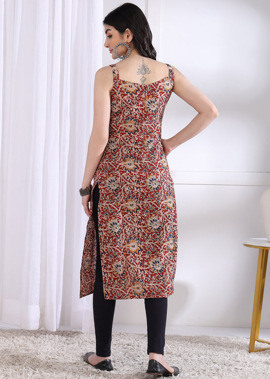 Maroon Floral Print Straight Cotton Kurta
