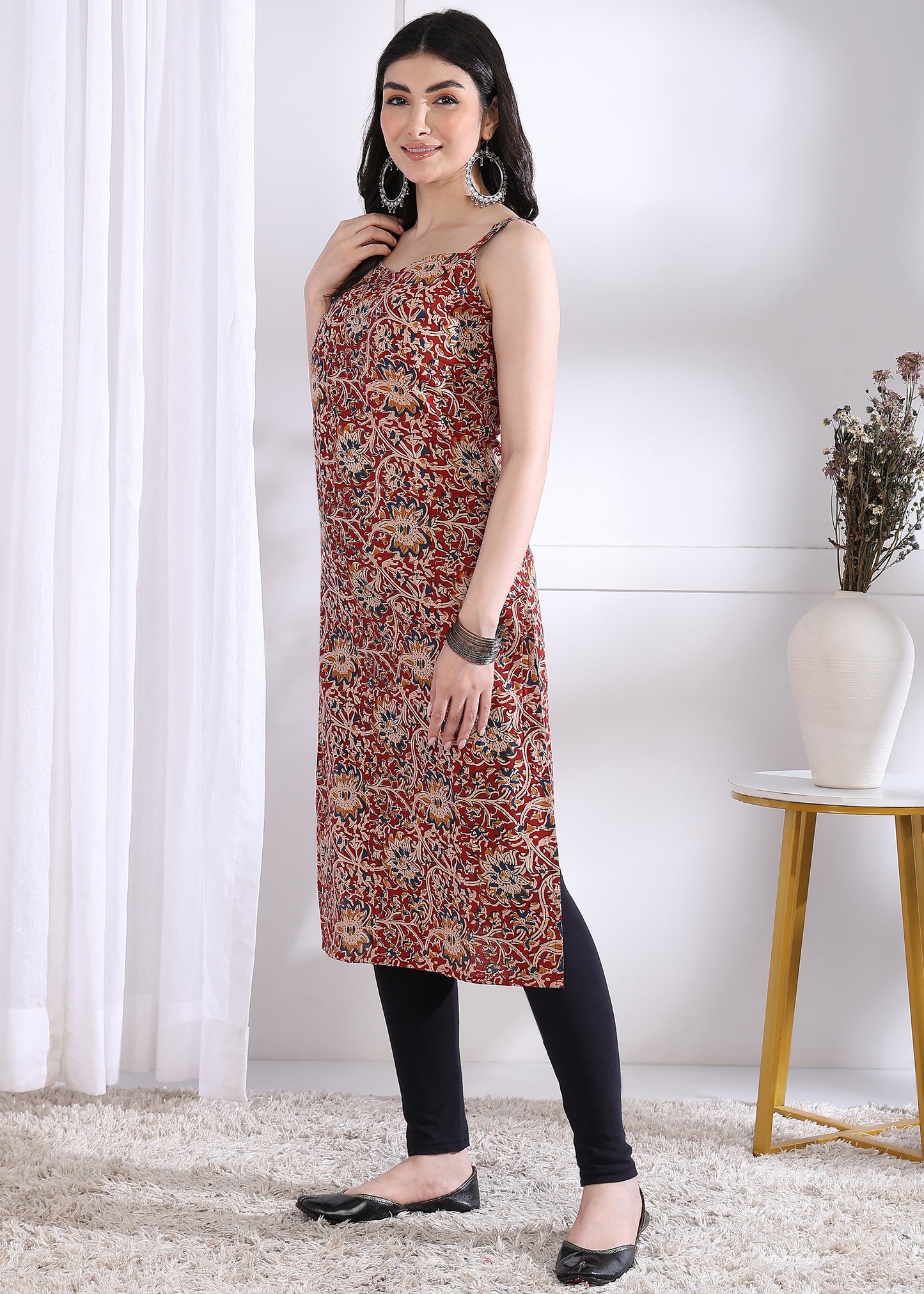 Maroon Floral Print Straight Cotton Kurta