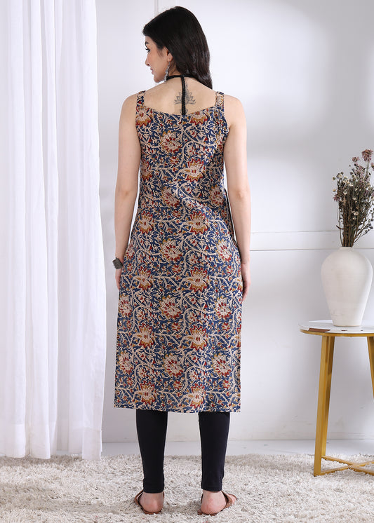Dark Blue Floral Print Straight Cotton Kurta