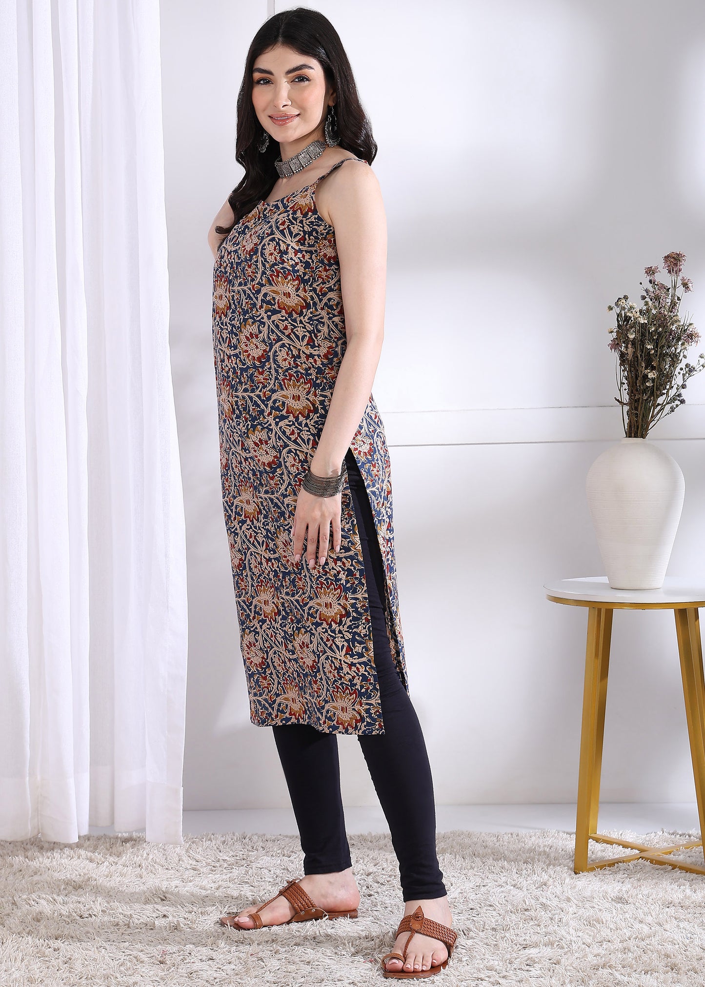 Dark Blue Floral Print Straight Cotton Kurta