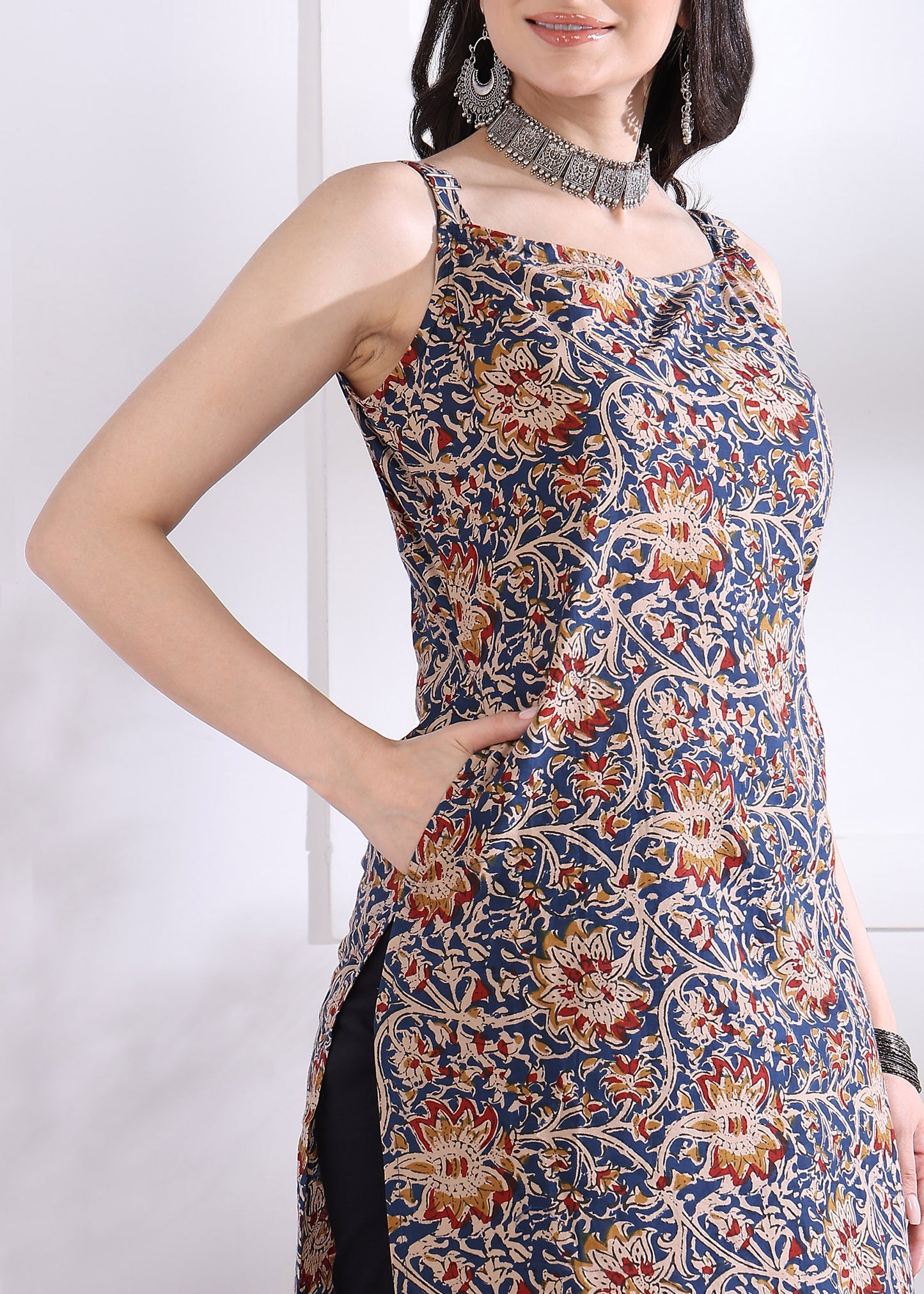 Dark Blue Floral Print Straight Cotton Kurta