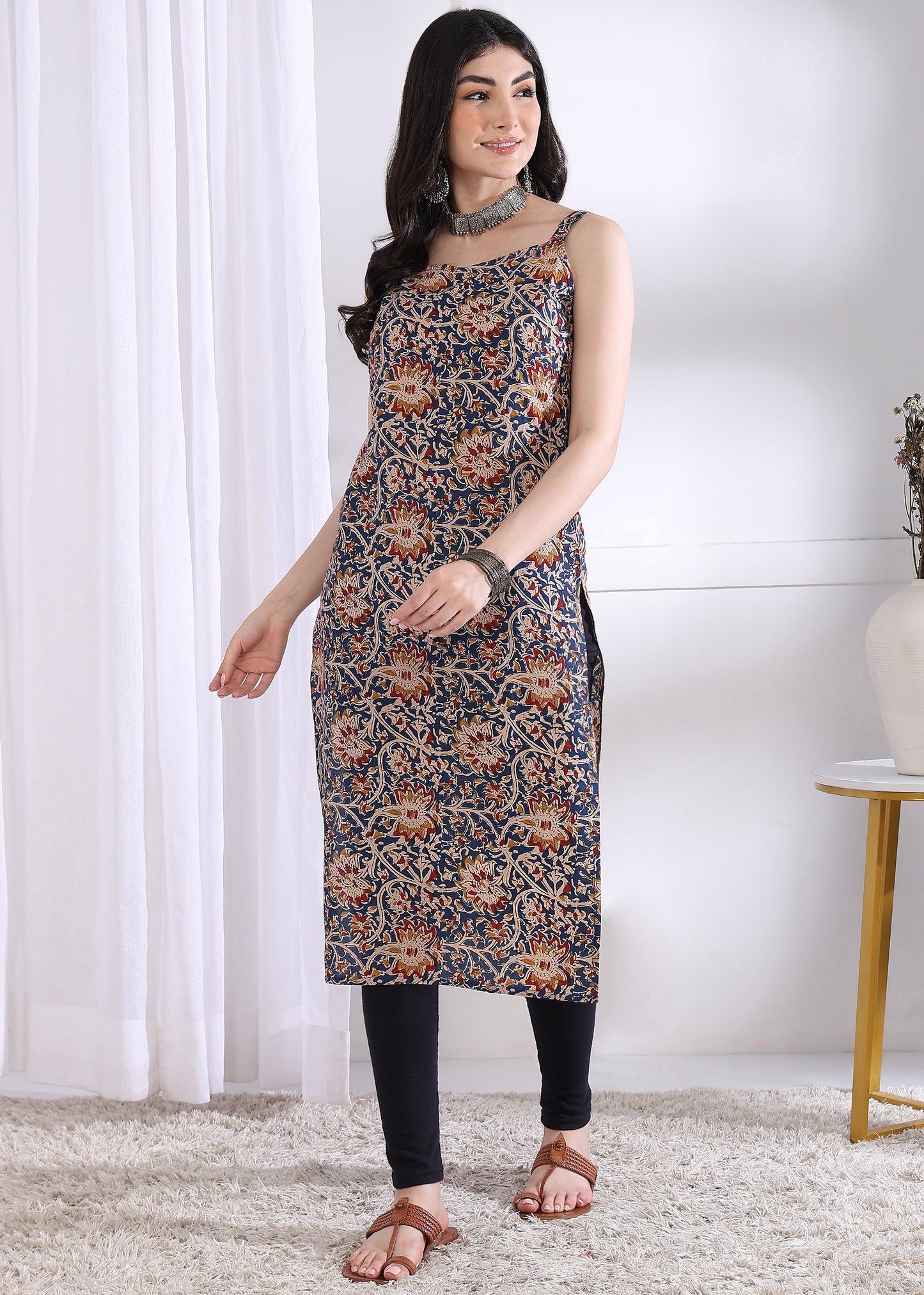 Dark Blue Floral Print Straight Cotton Kurta