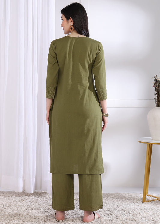 Mehendi Green Solid Straight Cotton Stitched Kurta Set