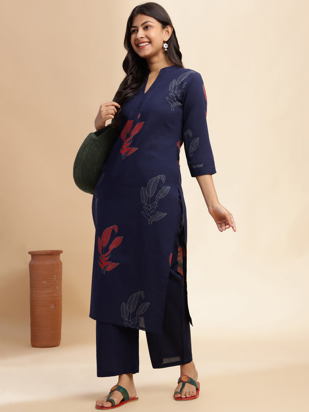 Navy Blue Leaf Print Straight Cotton Stitched Kurta Set
