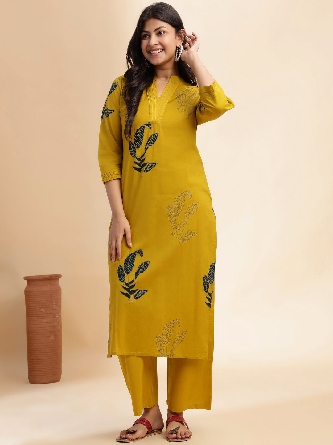Mustard Leaf Print Straight Cotton Stitched Kurta Set