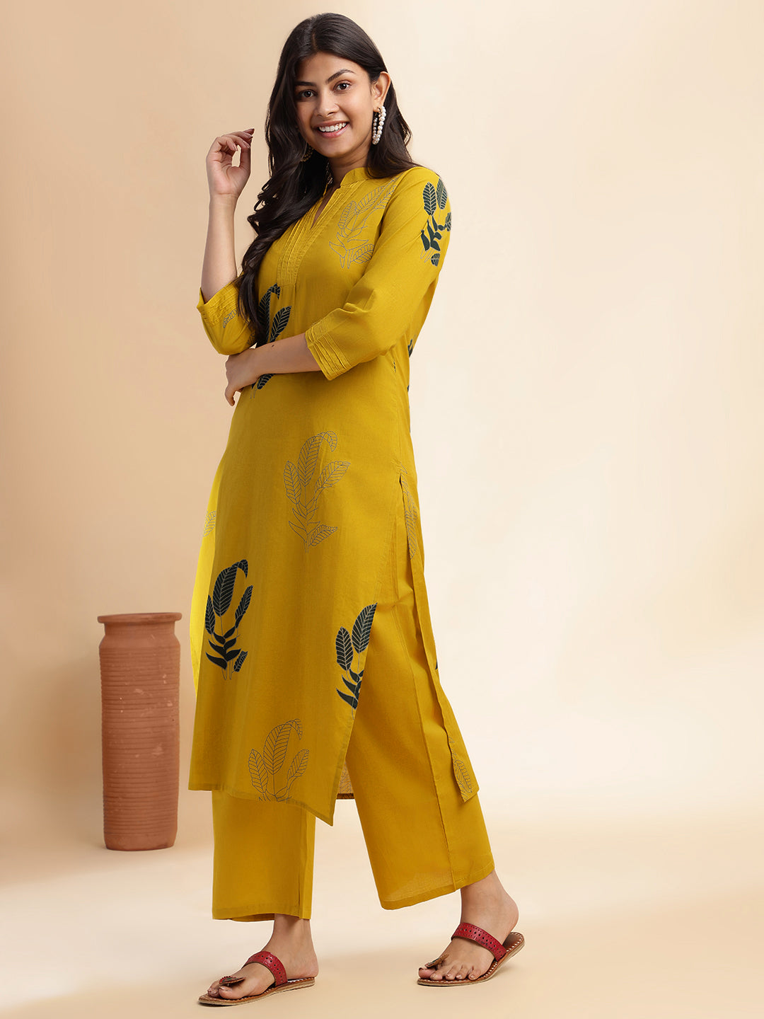 Mustard Leaf Print Straight Cotton Stitched Kurta Set