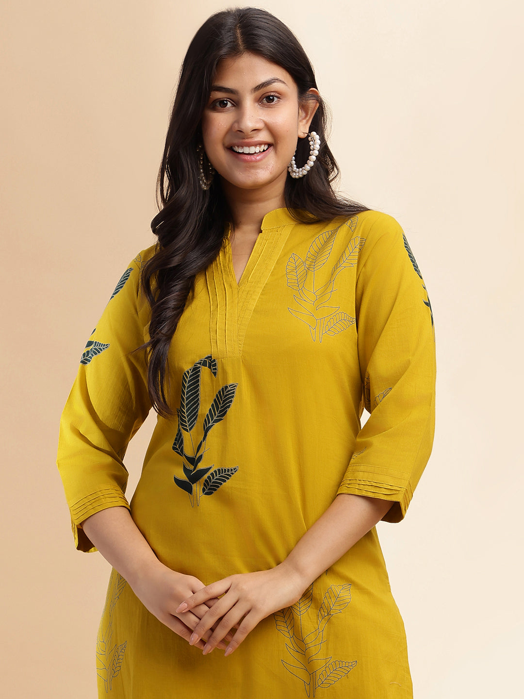 Mustard Leaf Print Straight Cotton Stitched Kurta Set