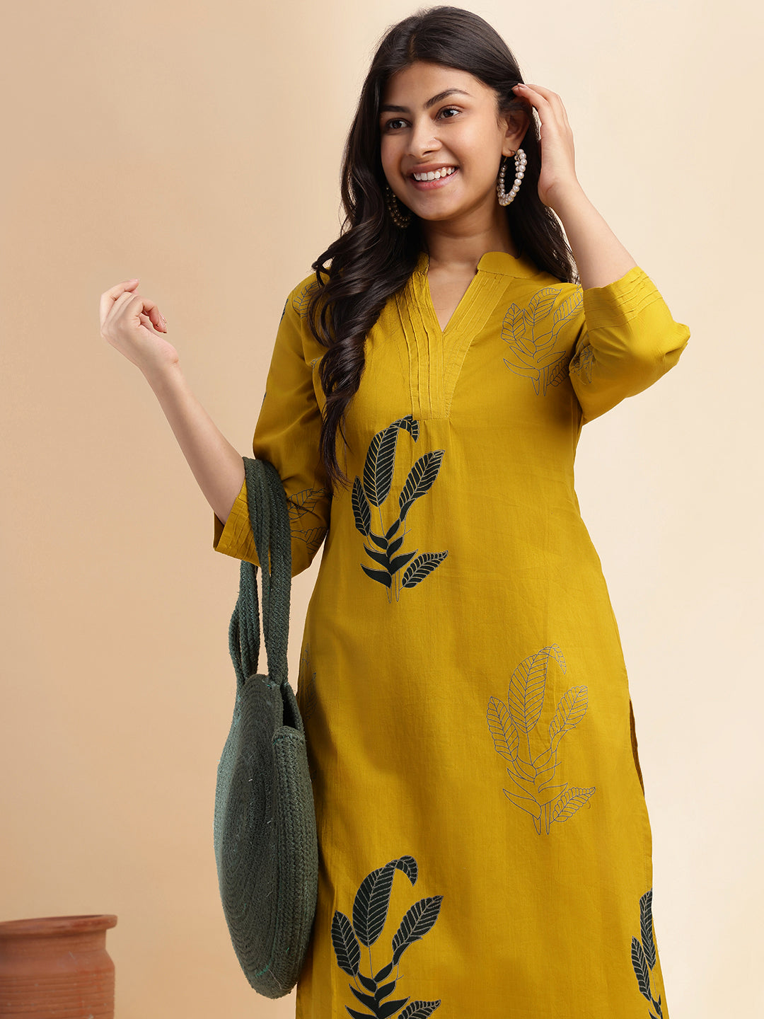Mustard Leaf Print Straight Cotton Stitched Kurta Set