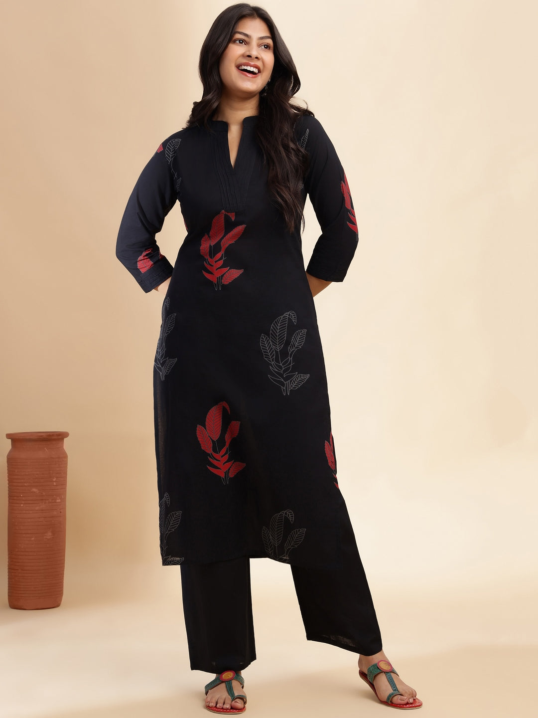 Black Leaf Print Straight Cotton Stitched Kurta Set