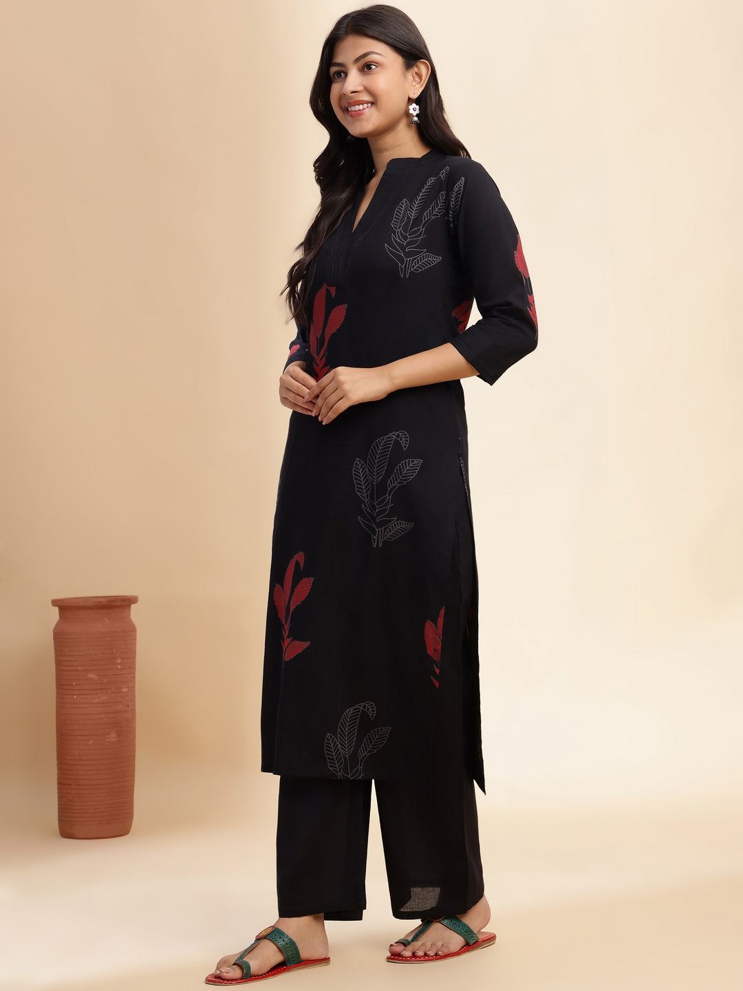 Black Leaf Print Straight Cotton Stitched Kurta Set