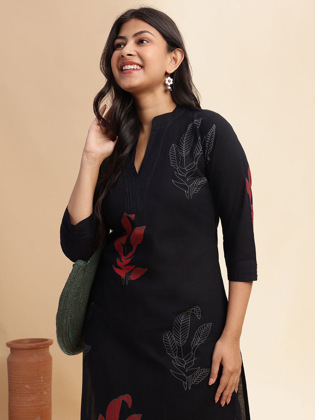 Black Leaf Print Straight Cotton Stitched Kurta Set