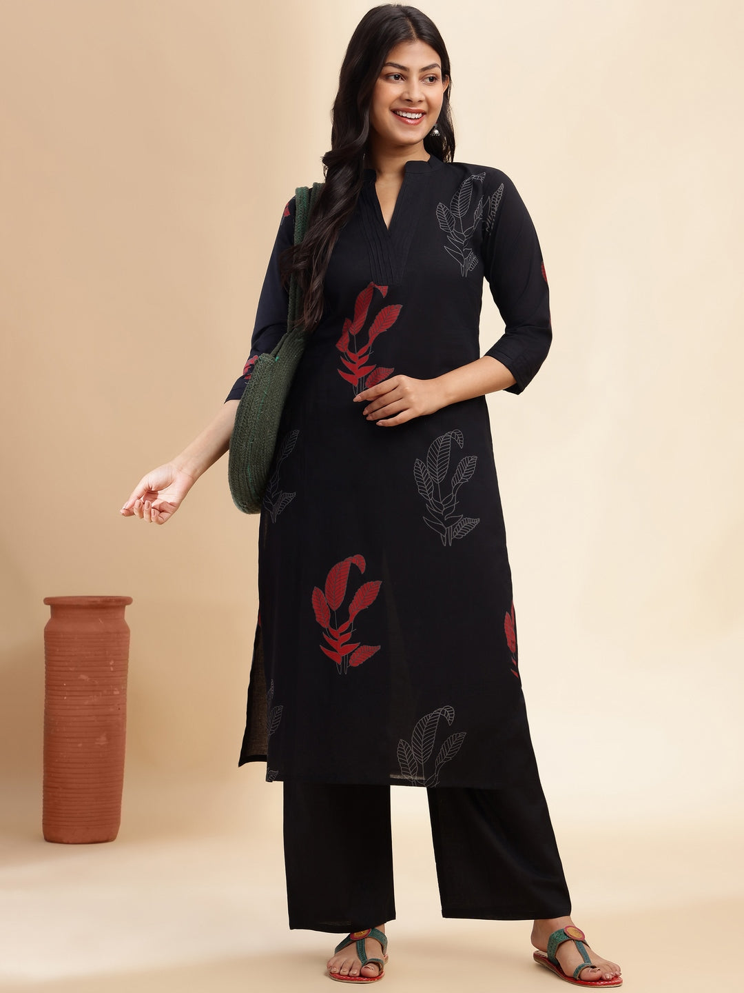 Black Leaf Print Straight Cotton Stitched Kurta Set