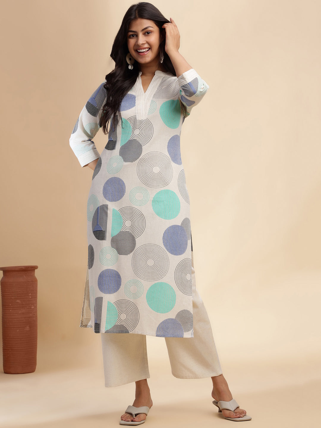 Off White Geometric Print Straight Cotton Flex Stitched Kurta Set
