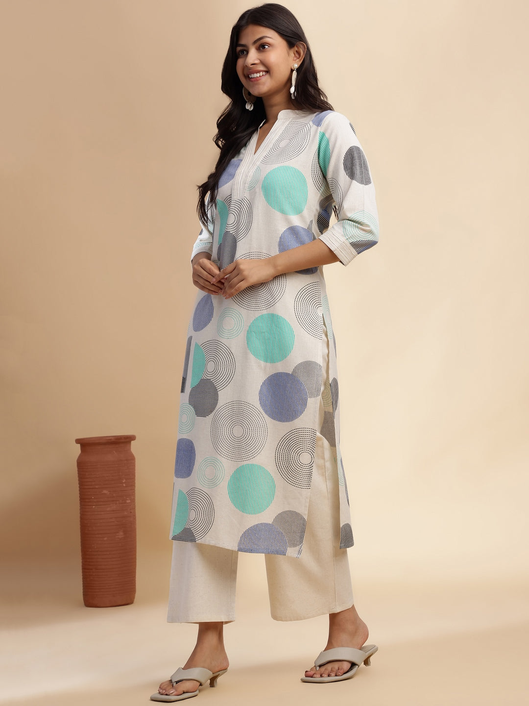 Off White Geometric Print Straight Cotton Flex Stitched Kurta Set