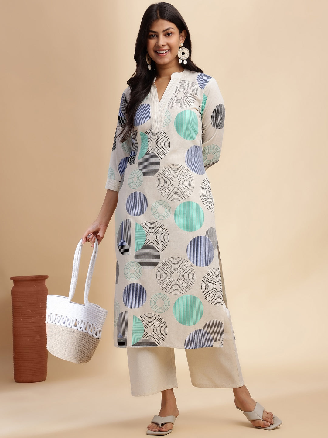Off White Geometric Print Straight Cotton Flex Stitched Kurta Set