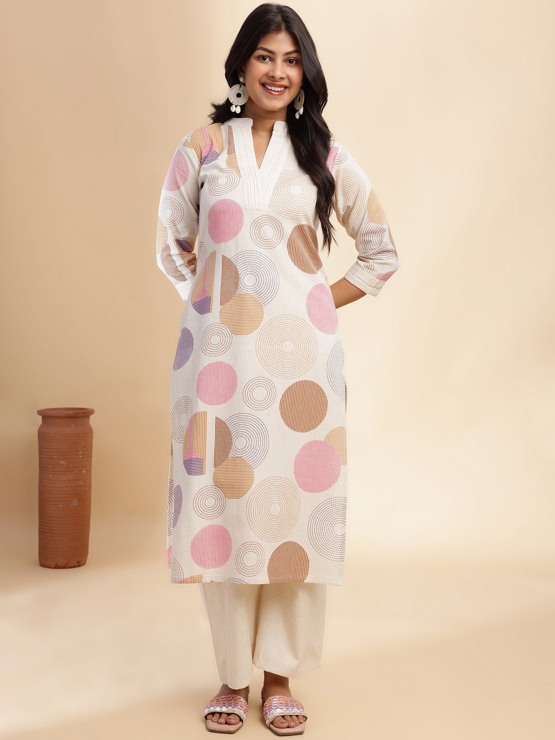 Brown Geometric Print Straight Cotton Flex Stitched Kurta Set