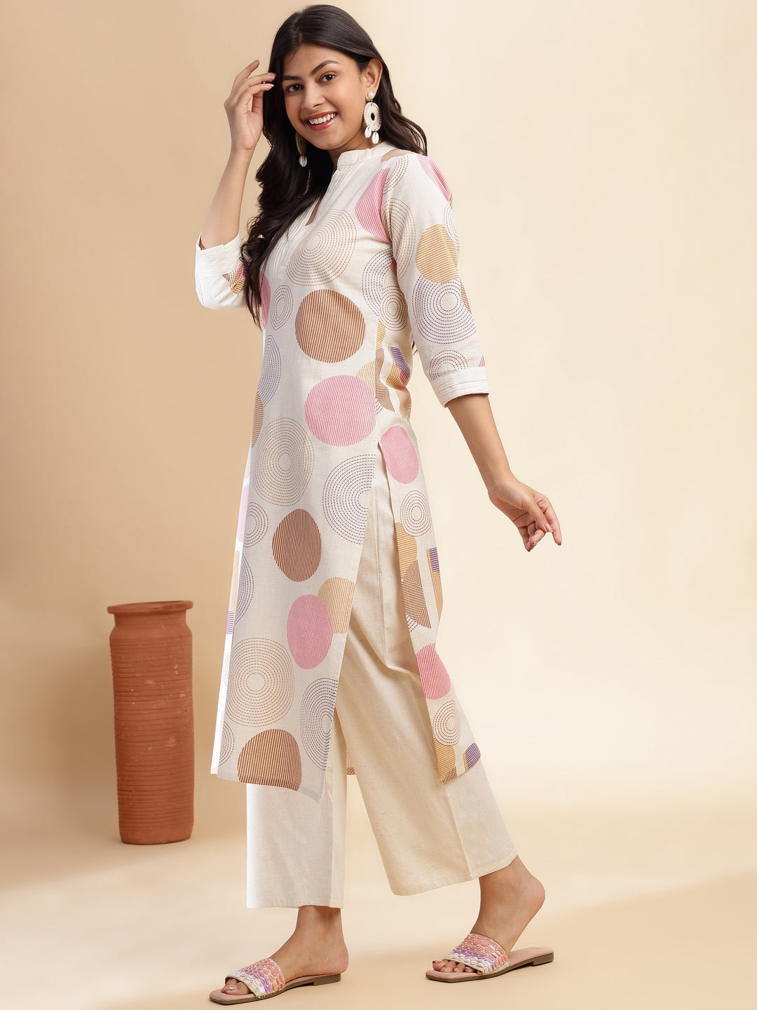 Brown Geometric Print Straight Cotton Flex Stitched Kurta Set