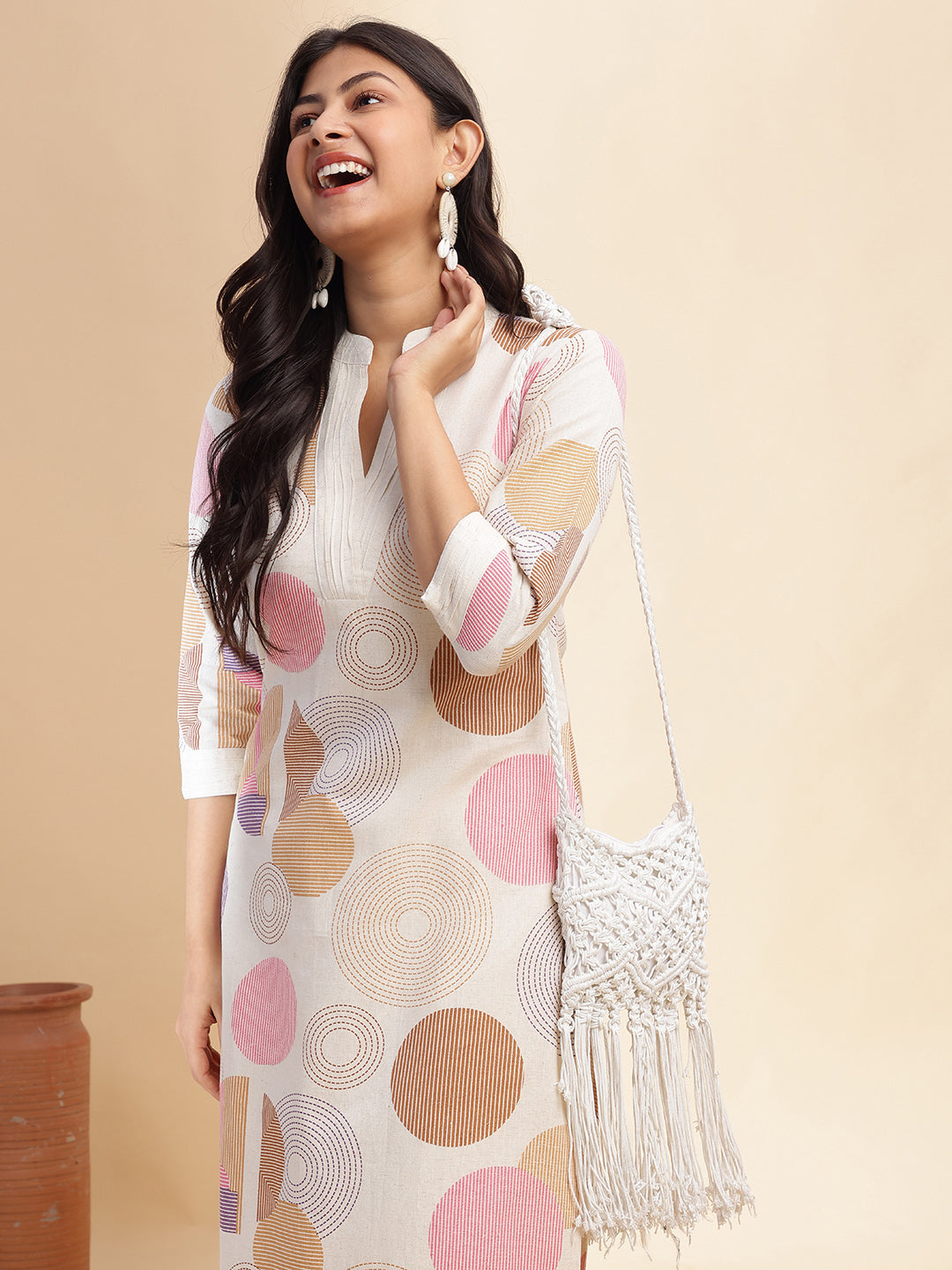 Brown Geometric Print Straight Cotton Flex Stitched Kurta Set