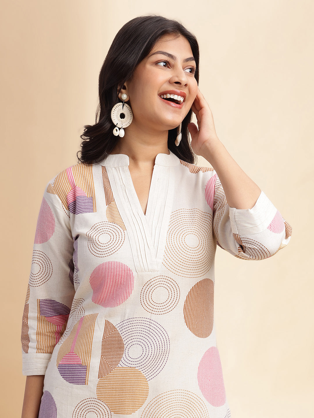 Brown Geometric Print Straight Cotton Flex Stitched Kurta Set
