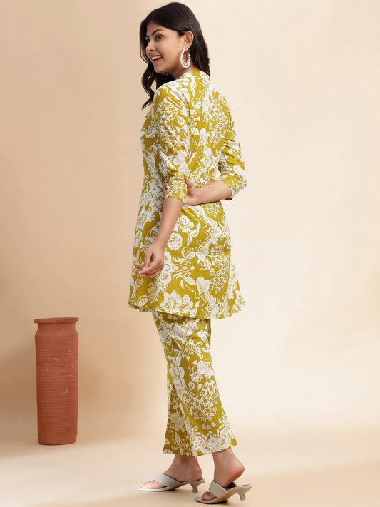Mehendi Green Cotton Floral Printed Flared Co-Ord Set