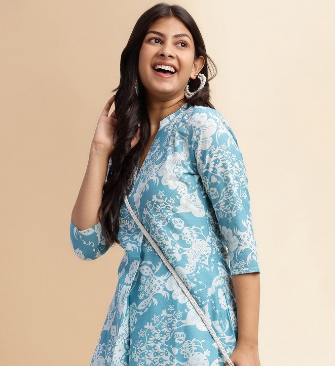 Sky Blue Cotton Floral Printed Flared Co-Ord Set