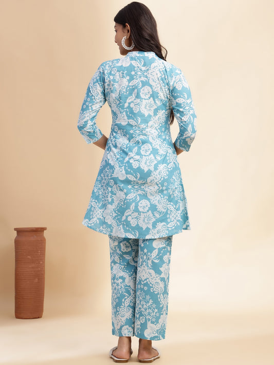 Sky Blue Cotton Floral Printed Flared Co-Ord Set