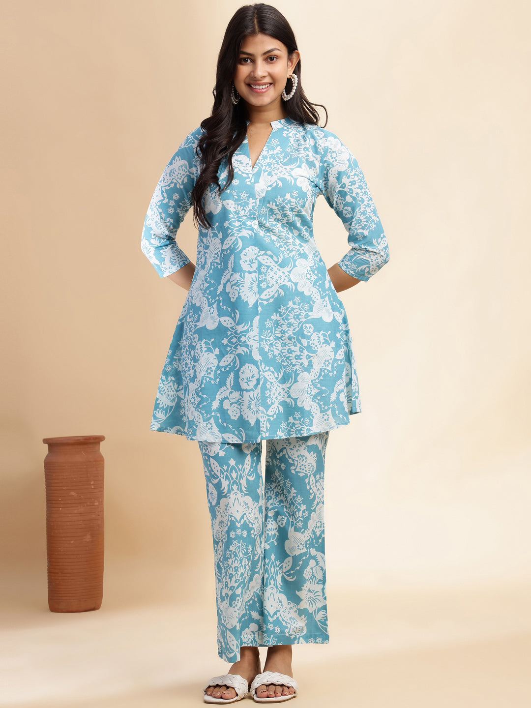 Sky Blue Cotton Floral Printed Flared Co-Ord Set