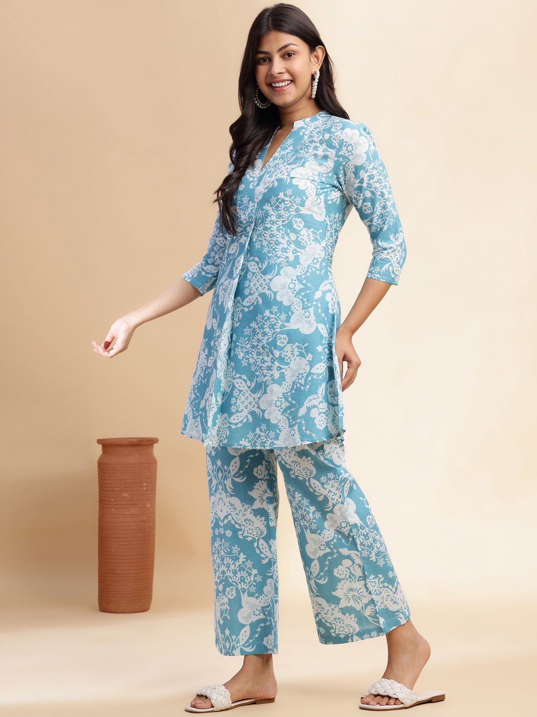 Sky Blue Cotton Floral Printed Flared Co-Ord Set