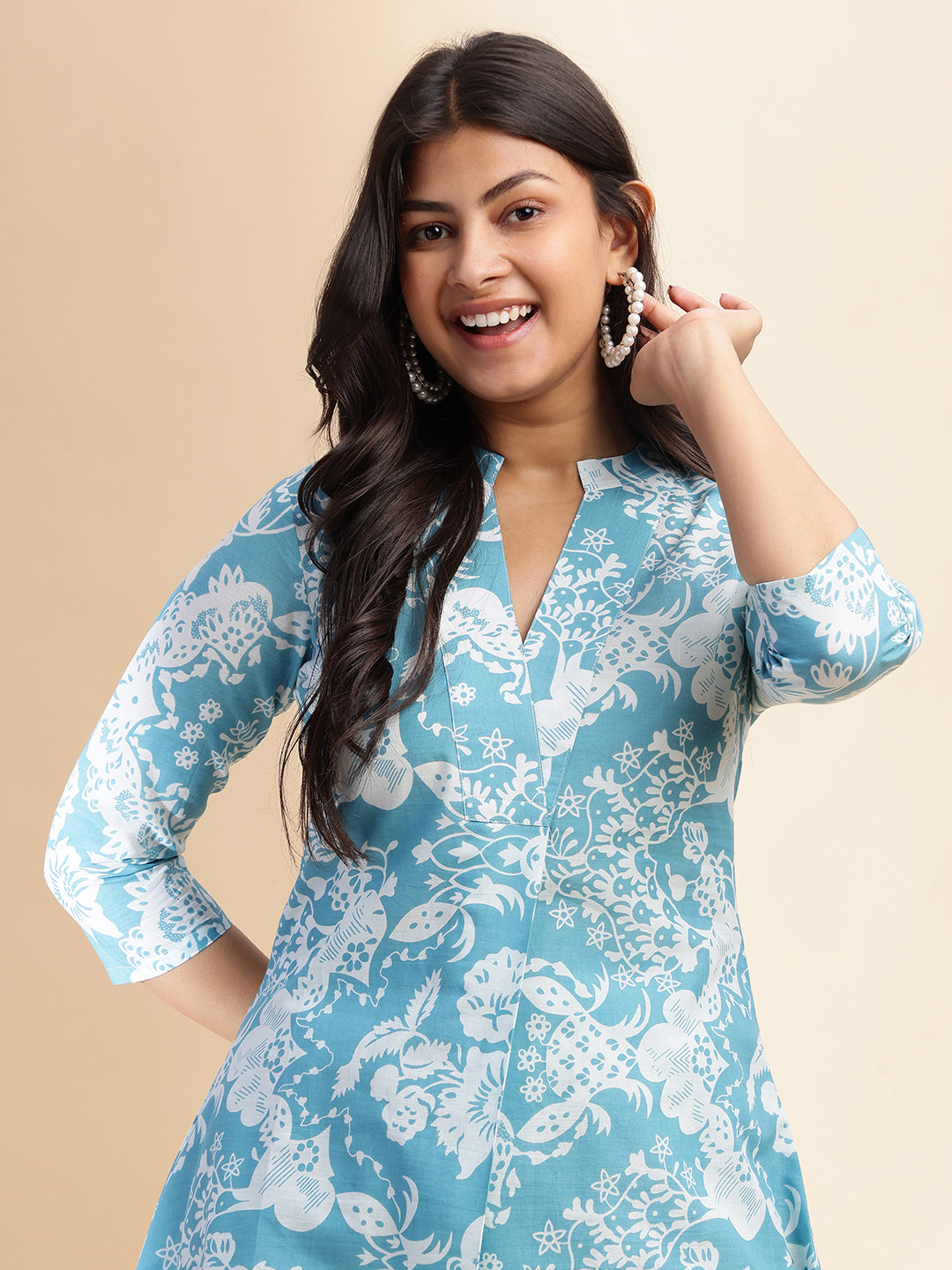 Sky Blue Cotton Floral Printed Flared Co-Ord Set