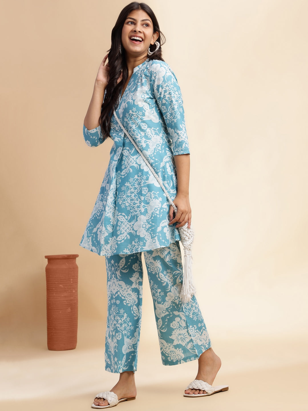 Sky Blue Cotton Floral Printed Flared Co-Ord Set