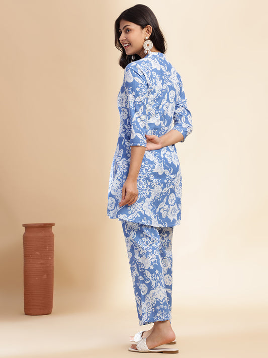 Aqua Blue Cotton Floral Printed Flared Co-Ord Set