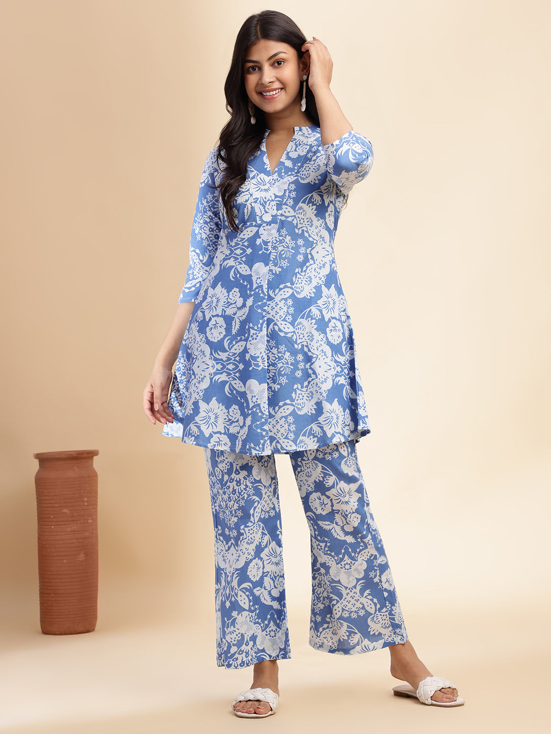 Aqua Blue Cotton Floral Printed Flared Co-Ord Set